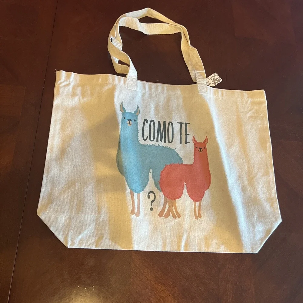 Llama Tote Bag Natural Canvas Como Te Question Graphic Shopper Eco Friendly